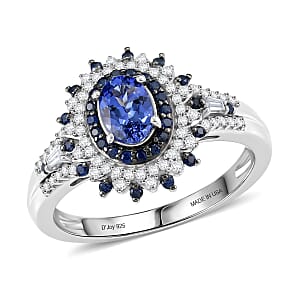 D'Joy Premium Peacock Tanzanite and Multi Gemstone 1.35 ctw Floral Bloom Ring in Rhodium Over Sterling Silver (Size 5.0)