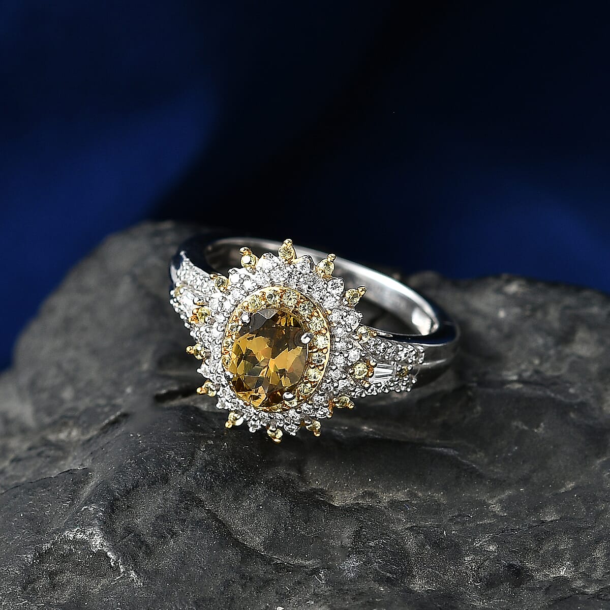 D'Joy Premium Yellow Tanzanite and Multi Gemstone 1.85 ctw Floral Bloom Ring in Rhodium Over Sterling Silver (Size 10.0) image number 1