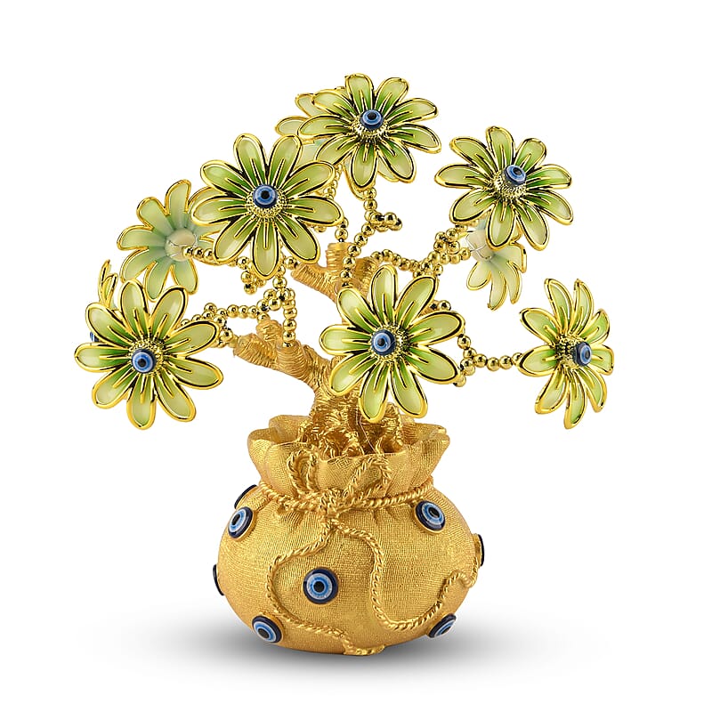 Gold & Green Evil Eye Daisy Floral Tree Money Bag Resin Decorative Figurine