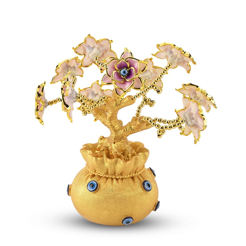 Gold & Pink Evil Eye Floral Tree Money Bag Resin Decorative Figurine