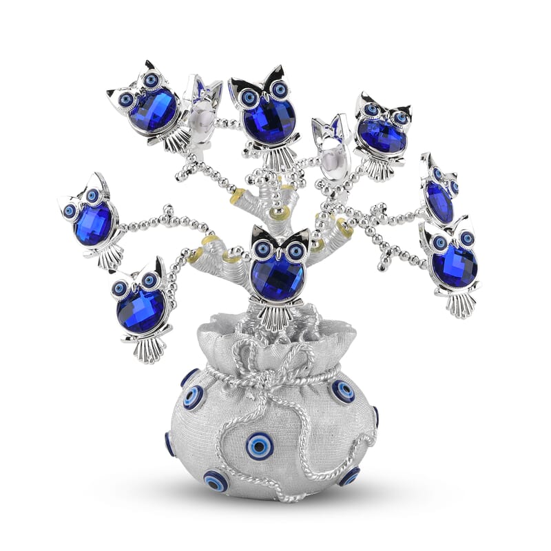 Silver & Blue Evil Eye Owl Tree Money Bag Resin Decorative Figurine