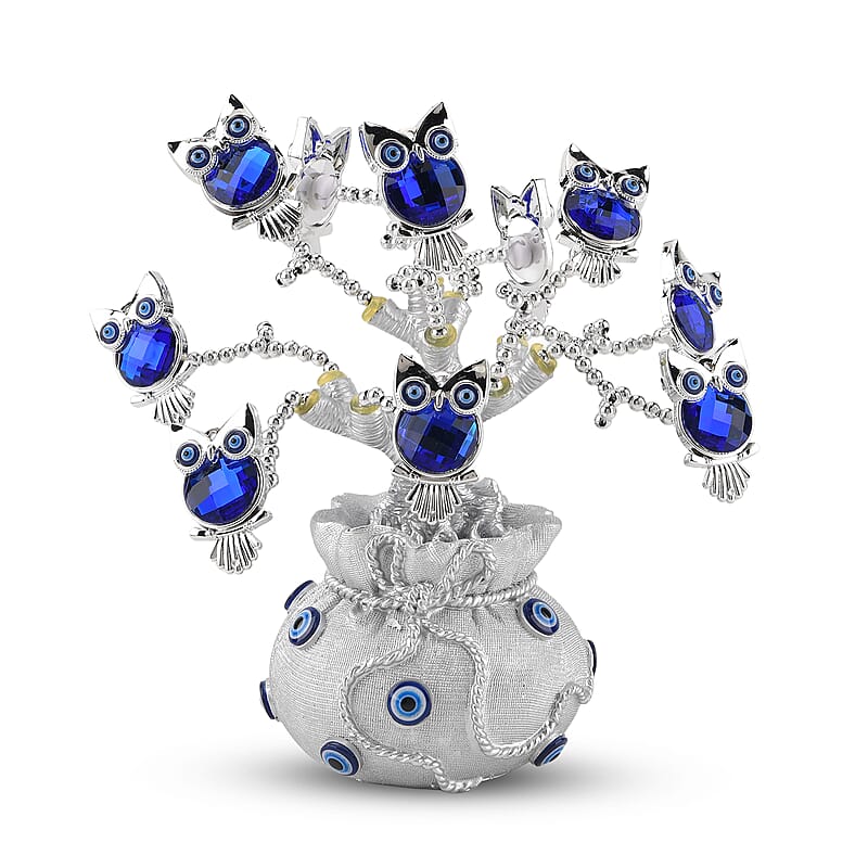 Silver & Blue Evil Eye Owl Tree Money Bag Resin Decorative Figurine