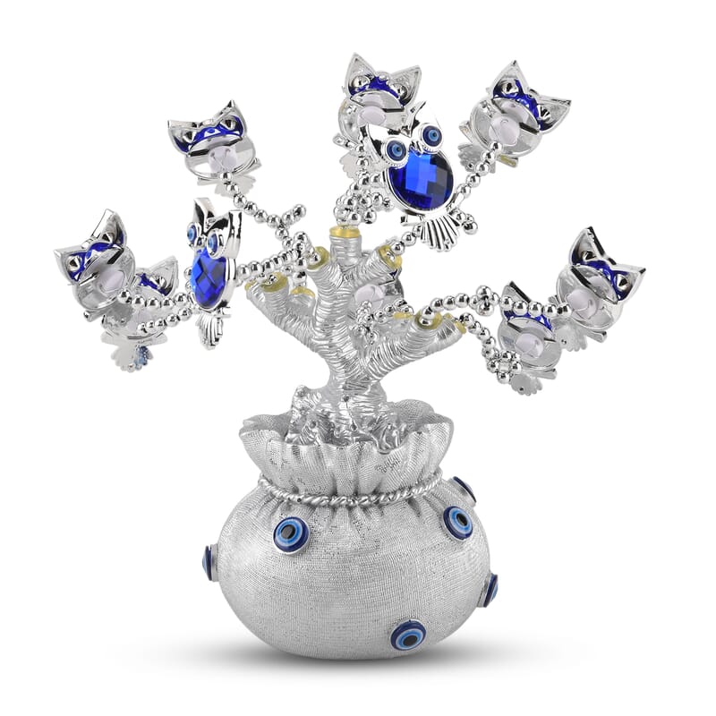 Silver & Blue Evil Eye Owl Tree Money Bag Resin Decorative Figurine