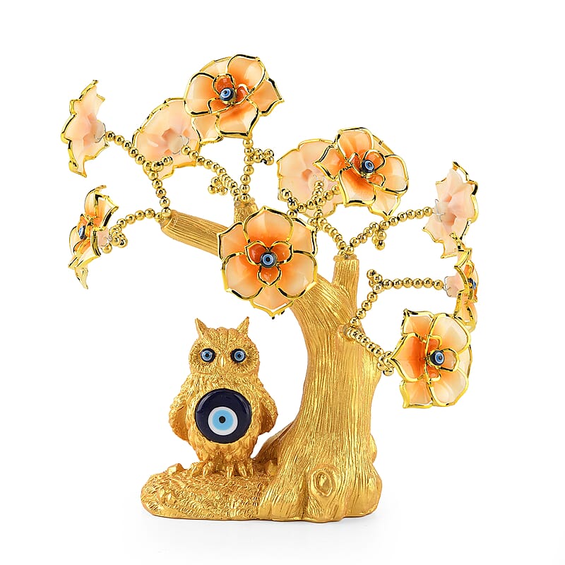 Gold & Peach Evil Eye Floral Tree Owl Resin Decorative Figurine