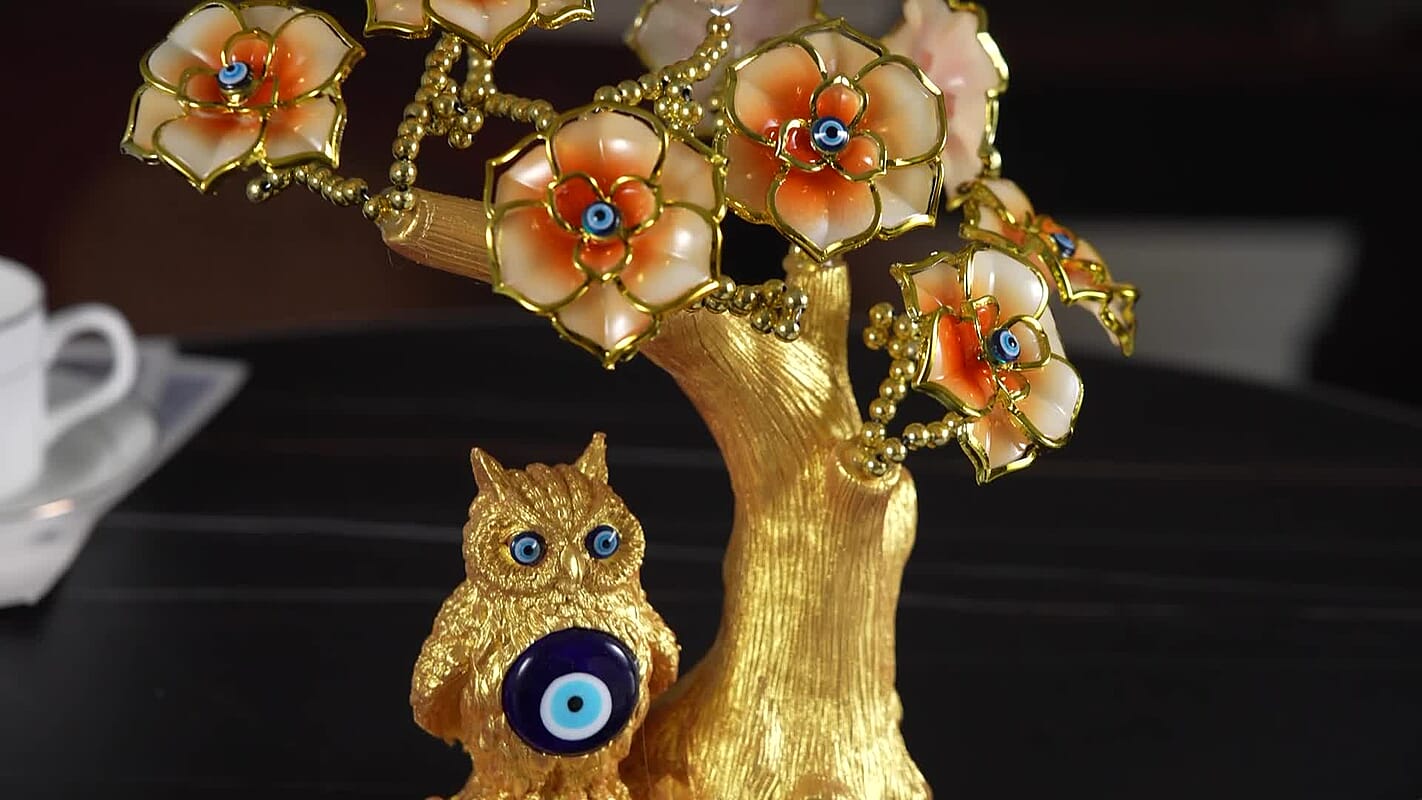 Gold & Peach Evil Eye Floral Tree Owl Resin Decorative Figurine (7.87")