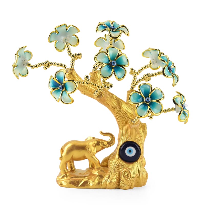 Gold & Blue Floral Tree with Evil Eye Elephant Resin Decorative Figurine