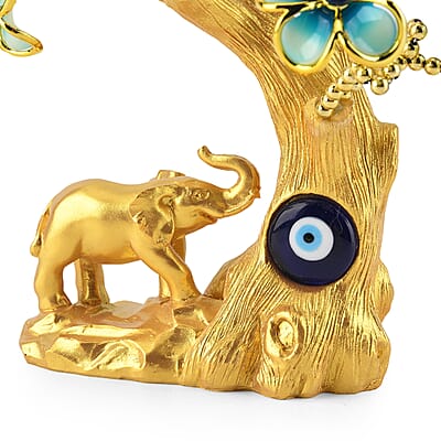 Gold & Blue Floral Tree with Evil Eye Elephant Resin Decorative Figurine