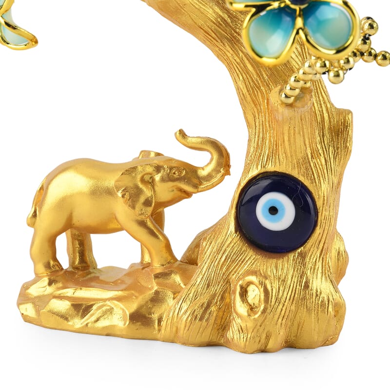 Gold & Blue Floral Tree with Evil Eye Elephant Resin Decorative Figurine