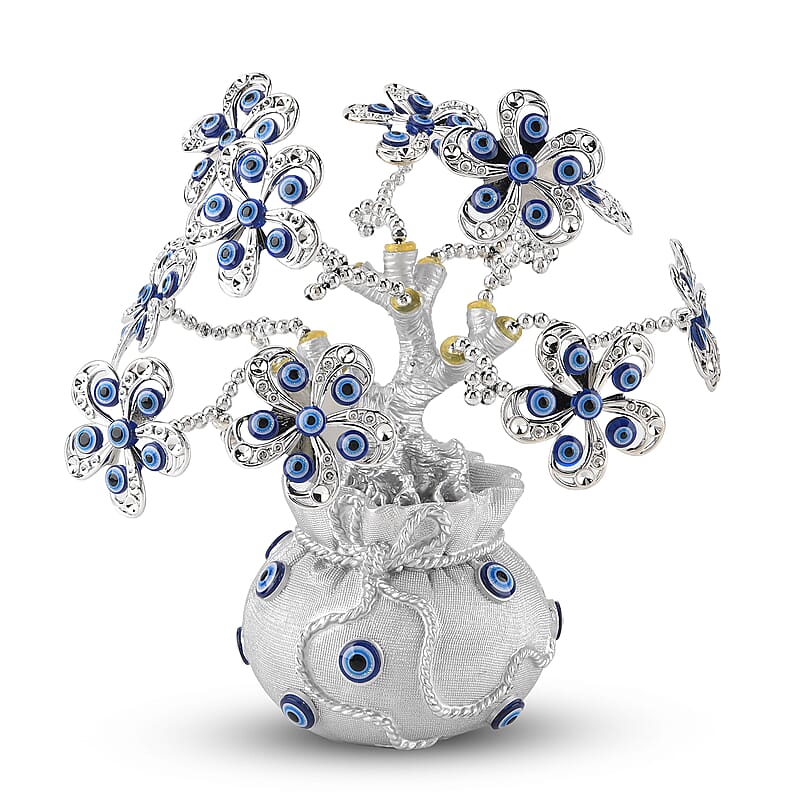 Silver & Blue Evil Eye Floral Tree Money Bag Resin Decorative Figurine