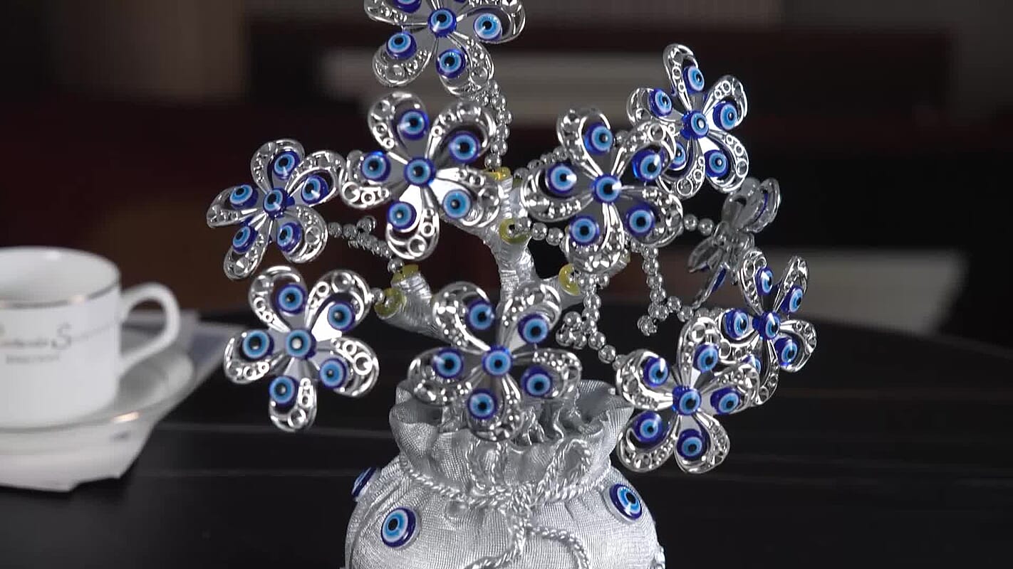 Silver & Blue Evil Eye Floral Tree Money Bag Resin Decorative Figurine (7.87")