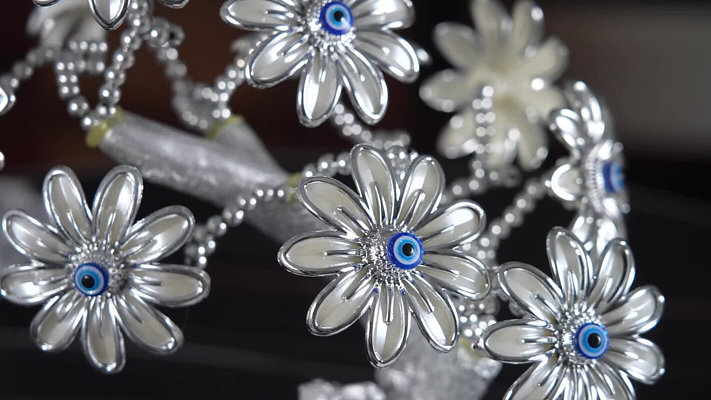 Silver & White Evil Eye Daisy Floral Tree Camel Resin Decorative Figurine (7.87")