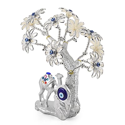 Silver & White Evil Eye Daisy Floral Tree Camel Resin Decorative Figurine