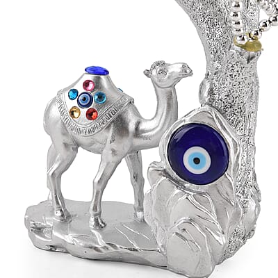 Silver & White Evil Eye Daisy Floral Tree Camel Resin Decorative Figurine