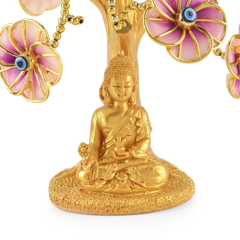Gold & Pink Evil Eye Flower Tree Buddha Resin Decorative Figurine