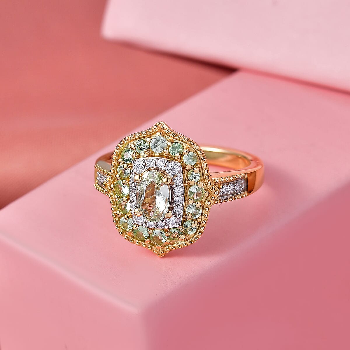 D'Joy Premium Tanzanian Mint Garnet and Multi Gemstone 1.10 ctw Garden Halo Ring in 18K Vermeil Yellow Gold Over Sterling Silver (Size 10.0) image number 1