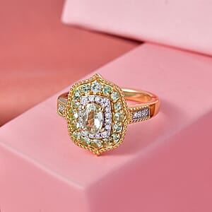 D'Joy Premium Tanzanian Mint Garnet and Multi Gemstone 1.10 ctw Garden Halo Ring in 18K Vermeil Yellow Gold Over Sterling Silver (Size 10.0)