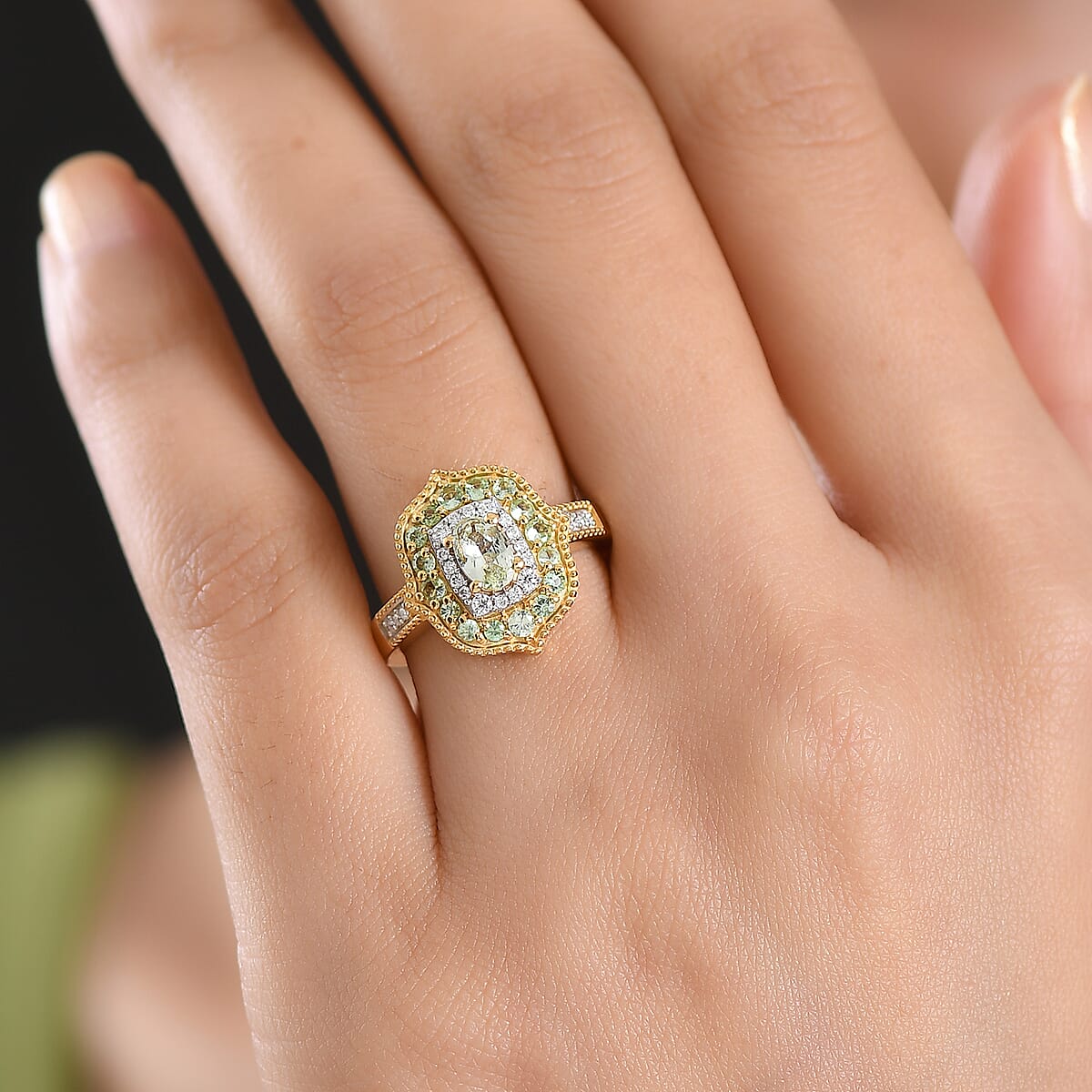 D'Joy Premium Tanzanian Mint Garnet and Multi Gemstone 1.10 ctw Garden Halo Ring in 18K Vermeil Yellow Gold Over Sterling Silver (Size 10.0) image number 2