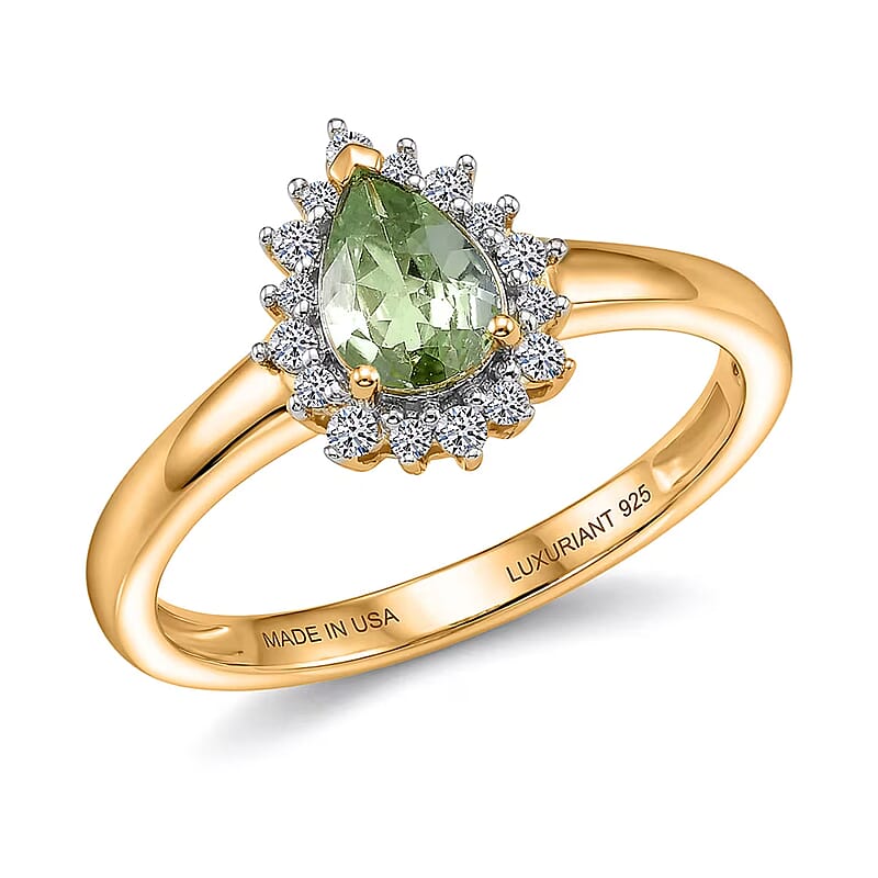 Premium Tanzanian Mint Garnet, Luxuriant Lab Grown Diamond G-H SI 0.80 ctw Pear Spark Ring in 18K Vermeil Yellow Gold Over Sterling Silver (Size 10.0)
