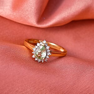 Premium Tanzanian Mint Garnet, Luxuriant Lab Grown Diamond G-H SI 0.80 ctw Pear Spark Ring in 18K Vermeil Yellow Gold Over Sterling Silver (Size 10.0)