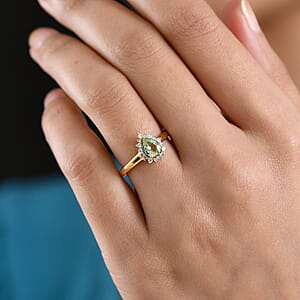 Premium Tanzanian Mint Garnet, Luxuriant Lab Grown Diamond G-H SI 0.80 ctw Pear Spark Ring in 18K Vermeil Yellow Gold Over Sterling Silver (Size 10.0)