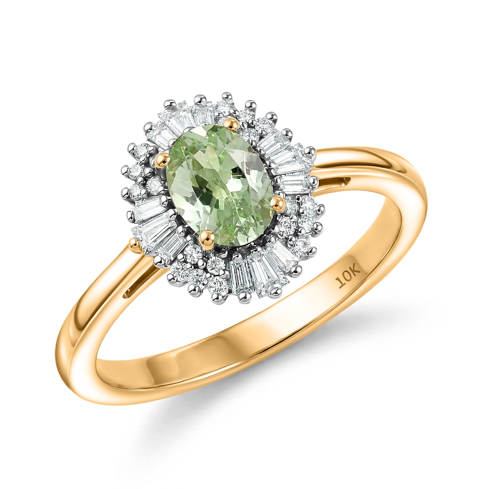 Luxoro 10K Yellow Gold Premium Tanzanian Mint Garnet, Diamond (I2) (0.30 cts) Light Burst Ring (Size 6.0) 1.10 ctw