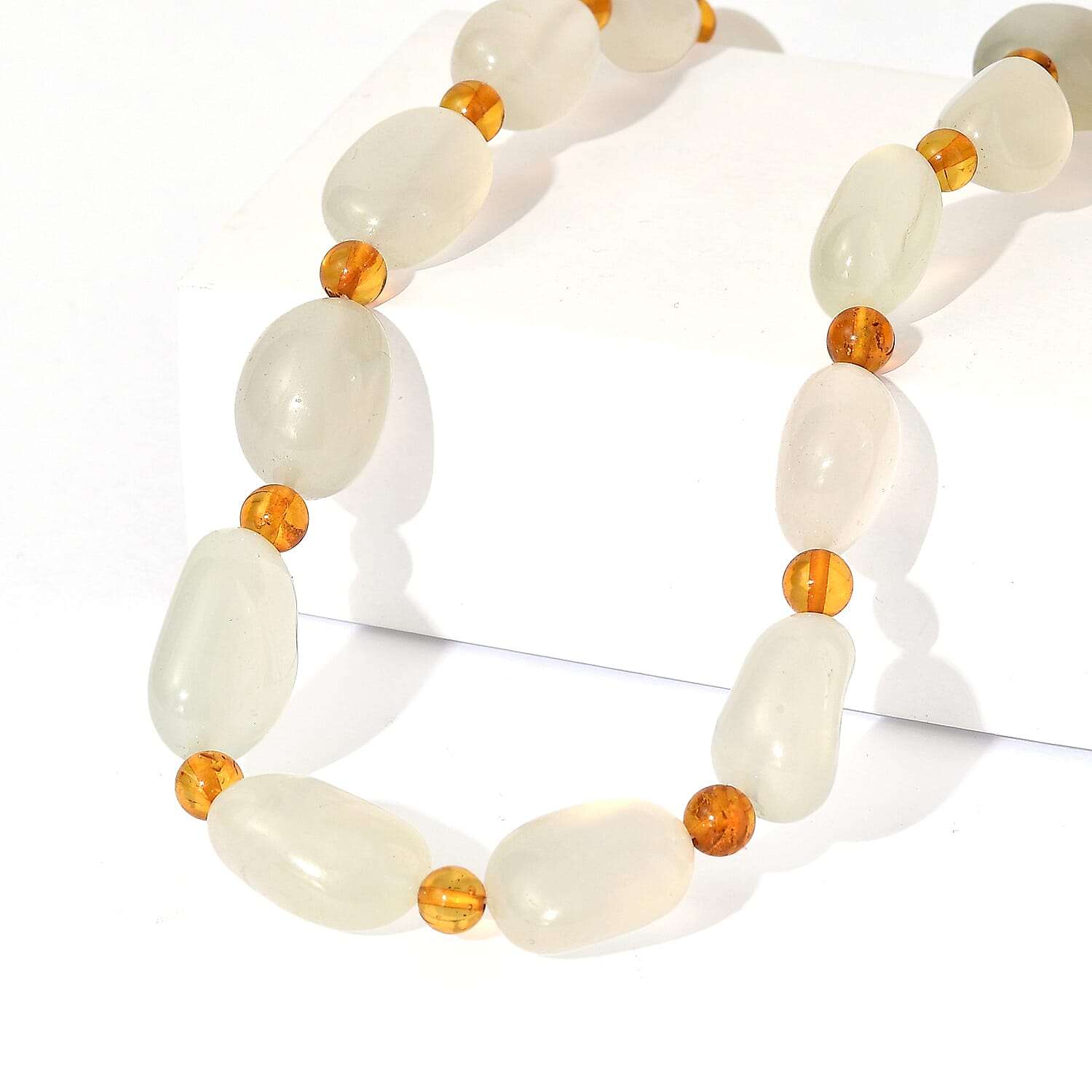 EverTrue Prehnite and Amber 275.00 ctw Beaded Necklace (18 Inches) in 18K YG Plated