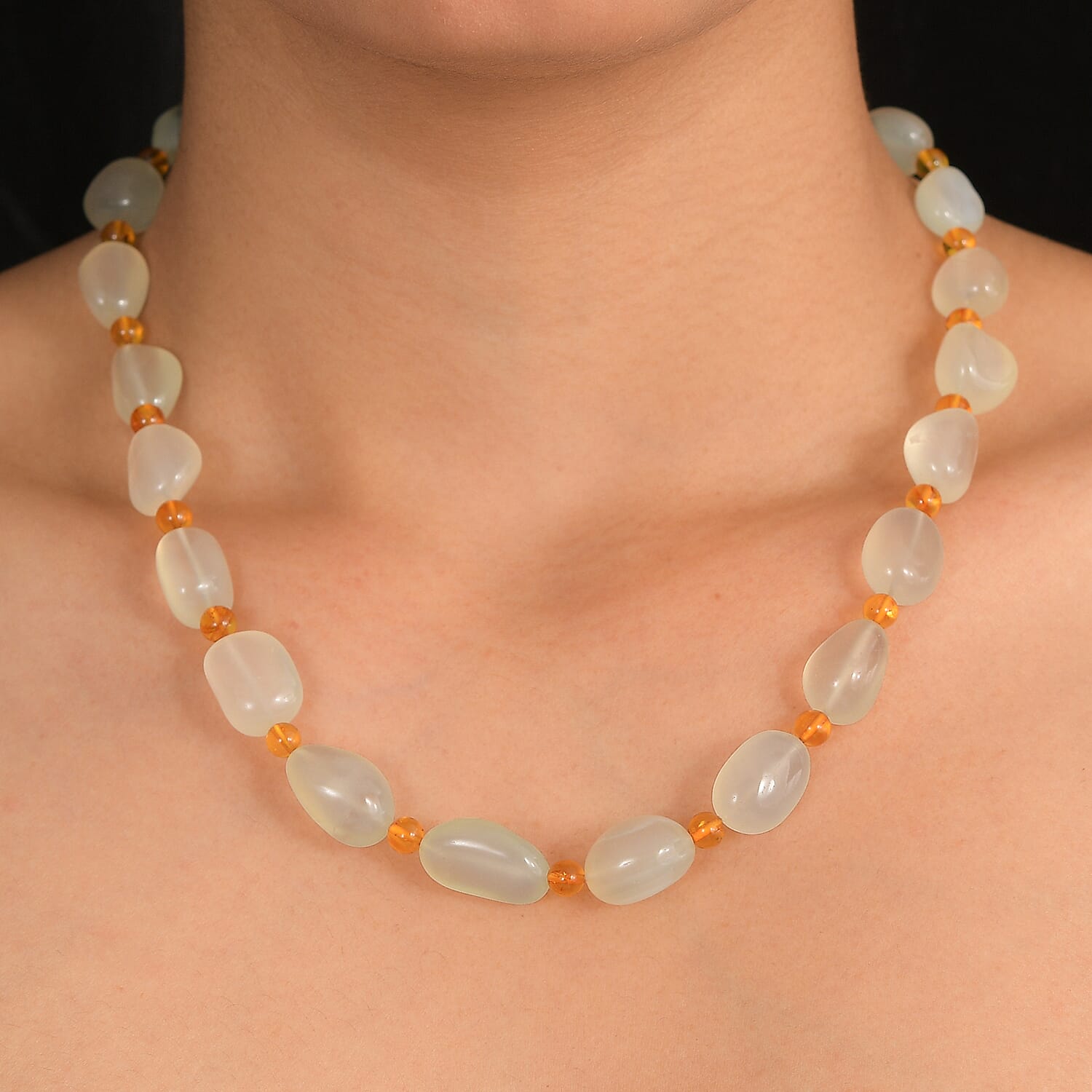 EverTrue Prehnite and Amber 275.00 ctw Beaded Necklace (18 Inches) in 18K YG Plated
