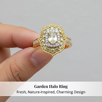 D'Joy Premium Tanzanian Mint Garnet and Multi Gemstone 1.10 ctw Garden Halo Ring in 18K Vermeil Yellow Gold Over Sterling Silver (Size 5.0)