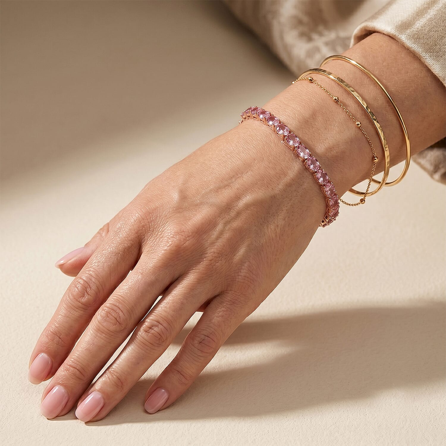 D'Joy Premium Blush Tourmaline and Moissanite 12.70 ctw Eternity Tennis Bracelet in 18K Vermeil Rose Gold Over Sterling Silver (6.50 In)