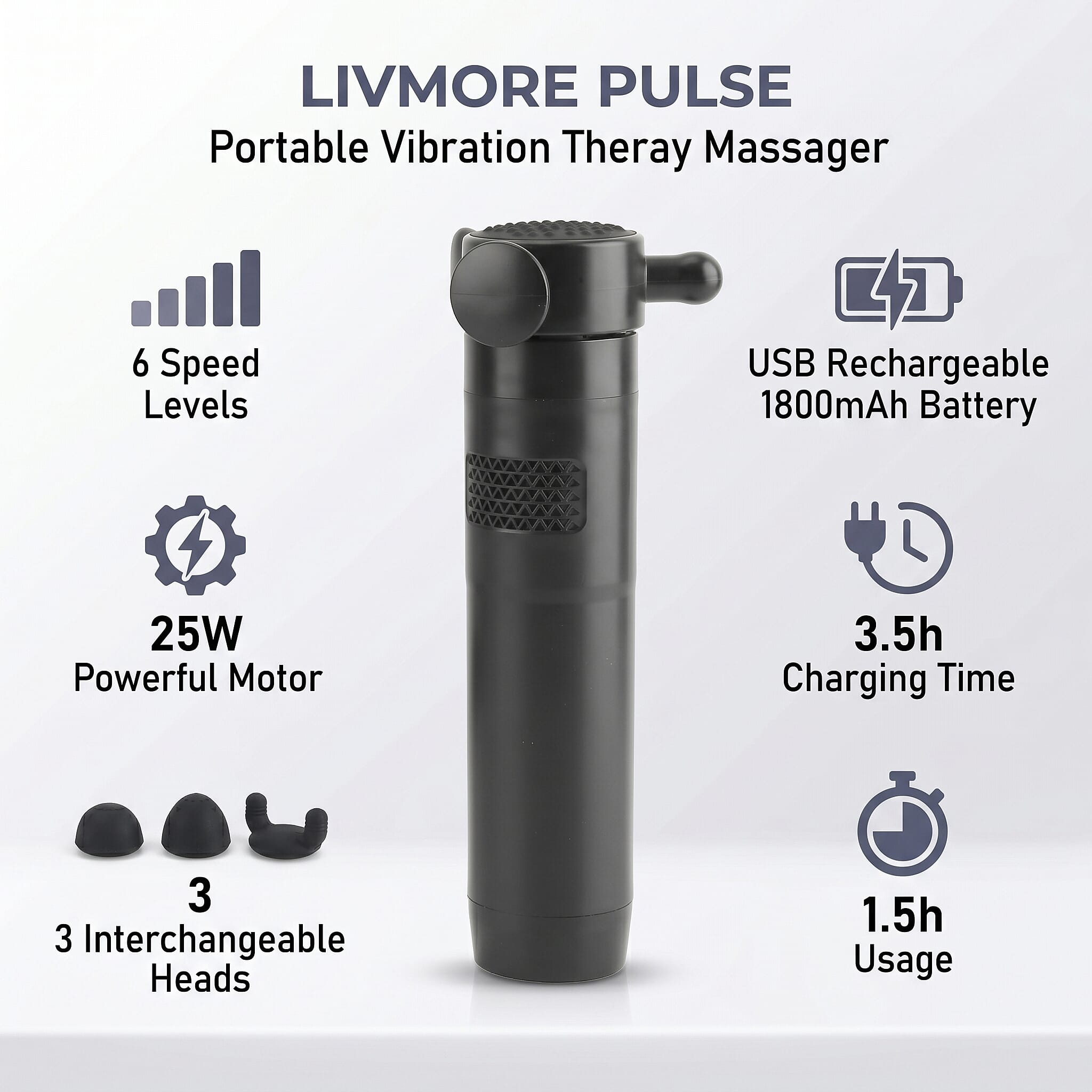 Livmore Black Portable Massage Gun with 3 Massage Heads