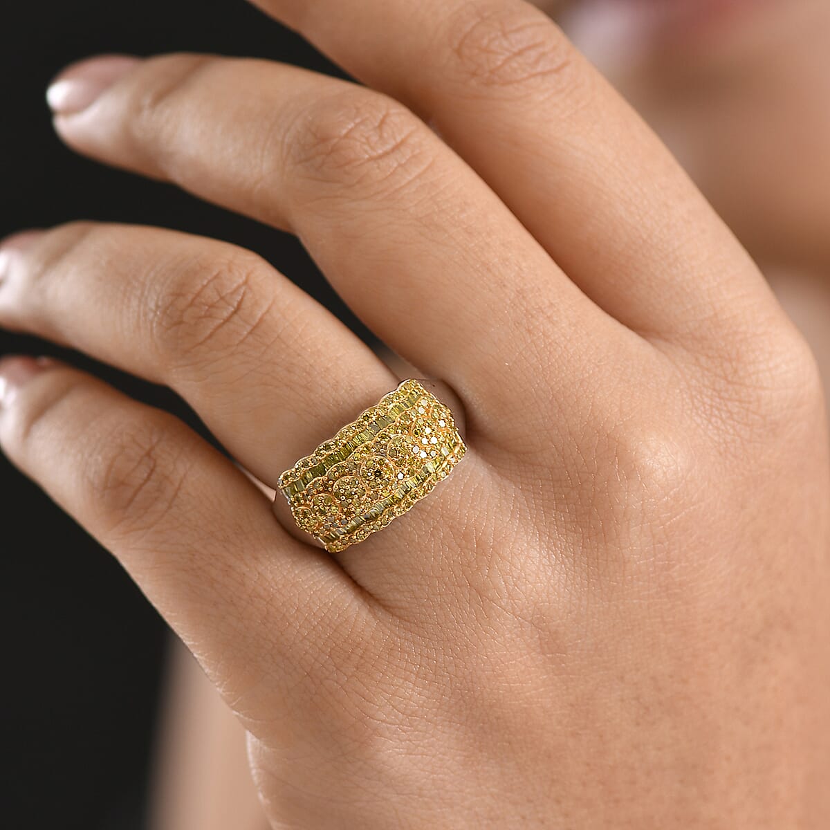 D'Joy Yellow Diamond 1.00 ctw Floral Cluster Ring in Rhodium Over Sterling Silver (Size 7.0) image number 2