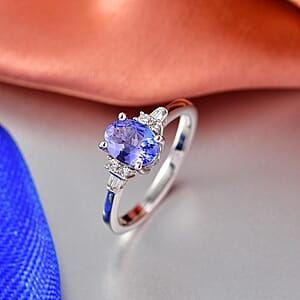 Tanzanite and Luxuriant Lab Grown Diamond G-H SI 1.30 ctw Midnight Blue Ring in Rhodium Over Sterling Silver (Size 9.0)