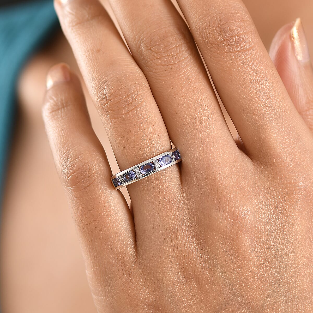 D'Joy Tanzanite, White Zircon Midnight Blue Band Ring in Rhodium Over Sterling Silver (Size 10.0) 0.90 ctw image number 2