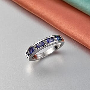 D'Joy Tanzanite and White Zircon 0.90 ctw Midnight Blue Band Ring in Rhodium Over Sterling Silver (Size 6.0)