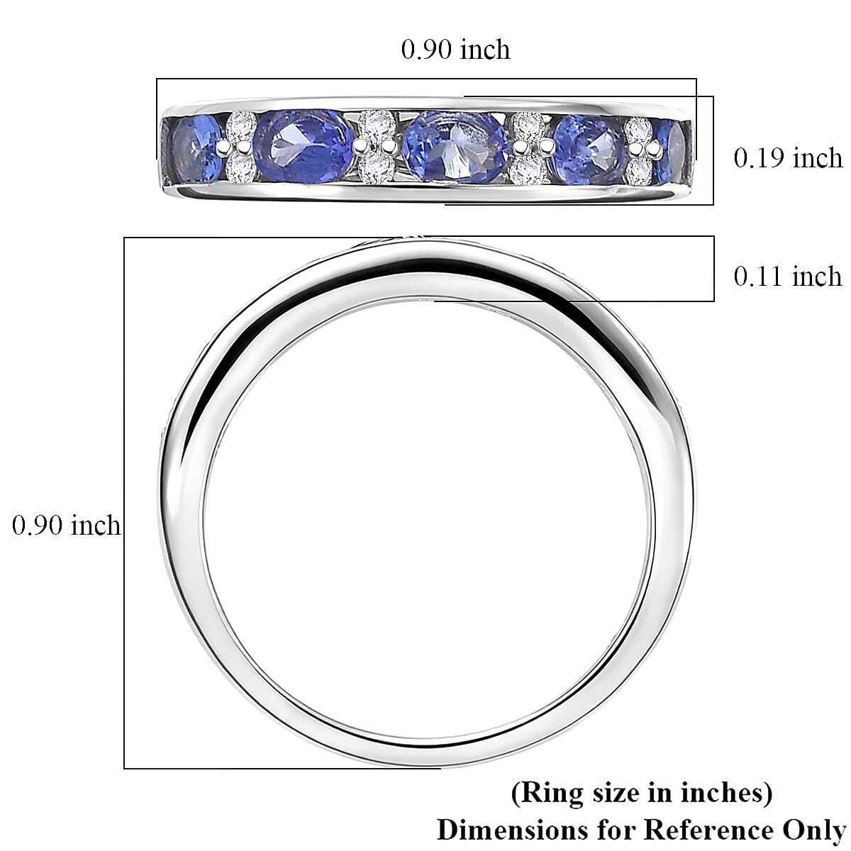 D'Joy Tanzanite and White Zircon 0.90 ctw Midnight Blue Band Ring in Rhodium Over Sterling Silver (Size 6.0)