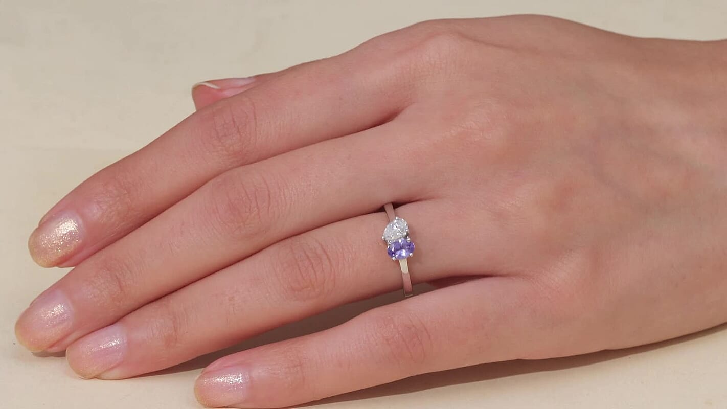 D'Joy Tanzanite, Moissanite Ring in Rhodium Over Sterling Silver (Size 10.0) 0.80 ctw