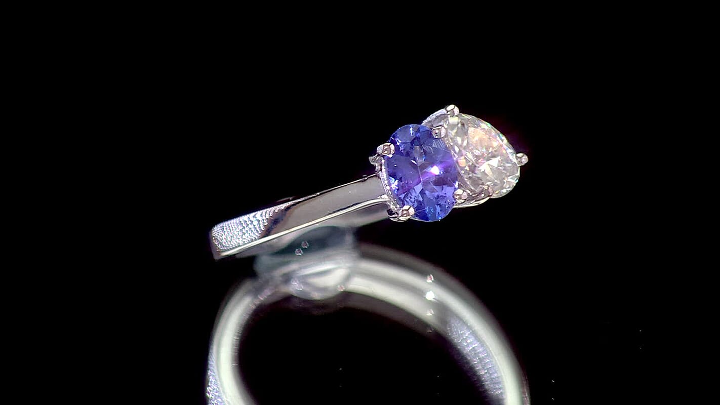 D'Joy Tanzanite, Moissanite Ring in Rhodium Over Sterling Silver (Size 10.0) 0.80 ctw