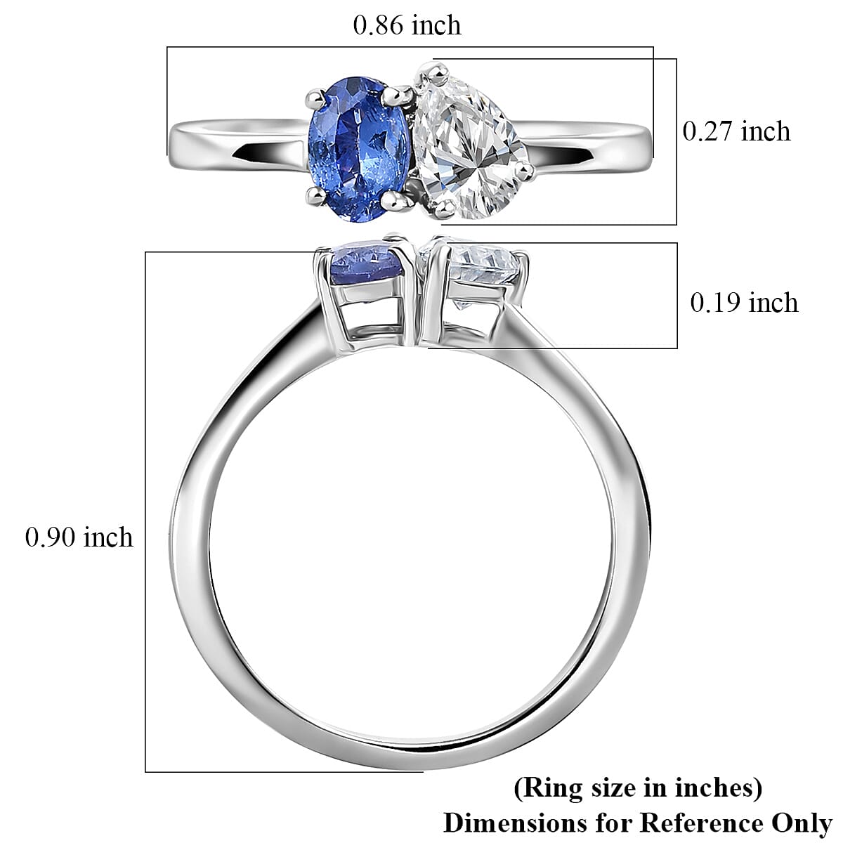 D'Joy Tanzanite and Moissanite 0.80 ctw Blue & White Promise Ring in Rhodium Over Sterling Silver (Size 10.0) image number 5