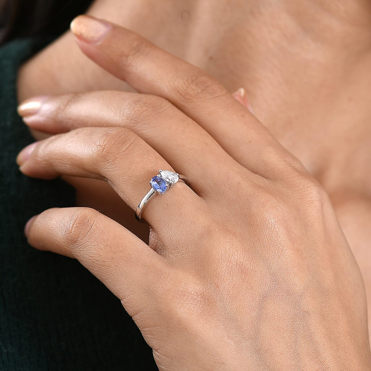 D'Joy Tanzanite and Moissanite 0.80 ctw Blue & White Promise Ring in Rhodium Over Sterling Silver (Size 5.0) image number 2