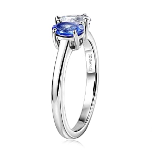 D'Joy Tanzanite and Moissanite 0.80 ctw Toi et Moi Ring in Rhodium Over Sterling Silver (Size 7.0)