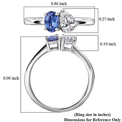 D'Joy Tanzanite and Moissanite 0.80 ctw Toi et Moi Ring in Rhodium Over Sterling Silver (Size 7.0)