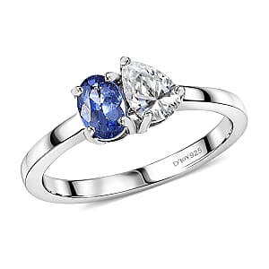 D'Joy Tanzanite and Moissanite 0.80 ctw Blue & White Promise Ring in Rhodium Over Sterling Silver (Size 9.0)
