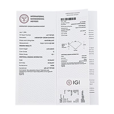 IGI Certified 3.00 ctw Heart Lab Grown Diamond Loose Gemstone – G VS2
