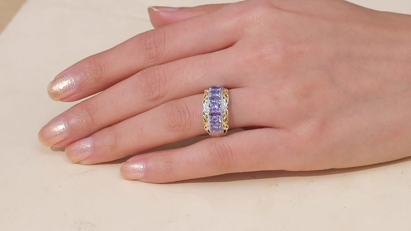 EverTrue Tanzanite, White Zircon Royal Band Ring in 18K YG Plated and Platinum Bond (Size 10.0) 1.65 ctw