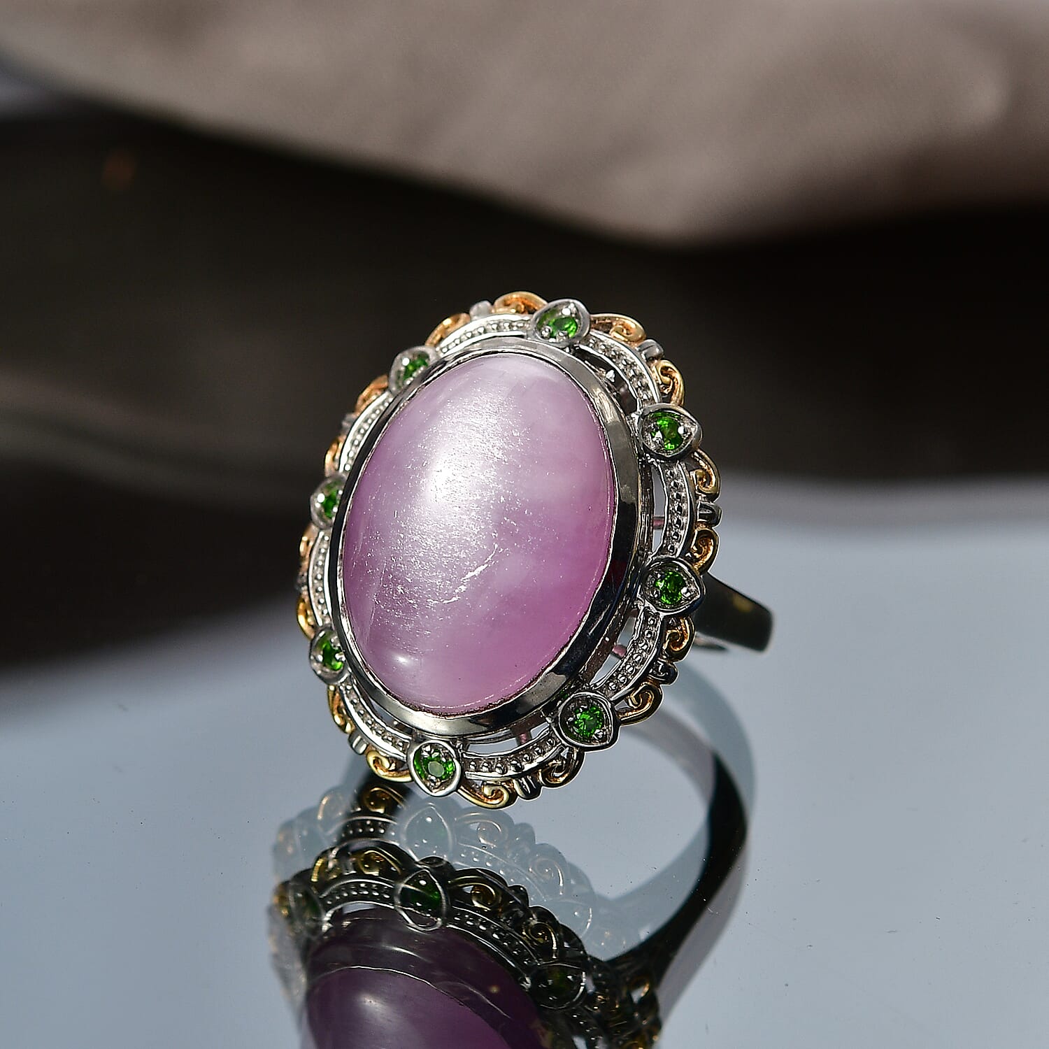 EverTrue Kunzite and Chrome Diopside 15.35 ctw Enchanted Garden Ring in 18K YG Plated and Platinum Bond (Size 7.0)