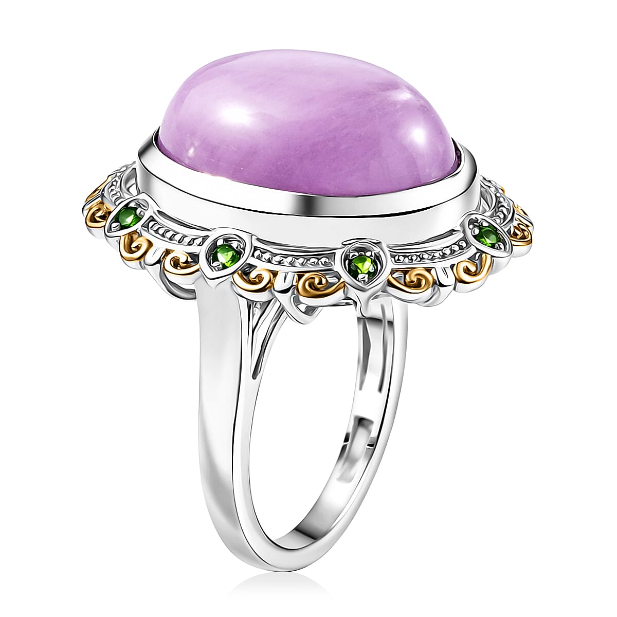 EverTrue Kunzite and Chrome Diopside 15.35 ctw Enchanted Garden Ring in 18K YG Plated and Platinum Bond (Size 7.0)
