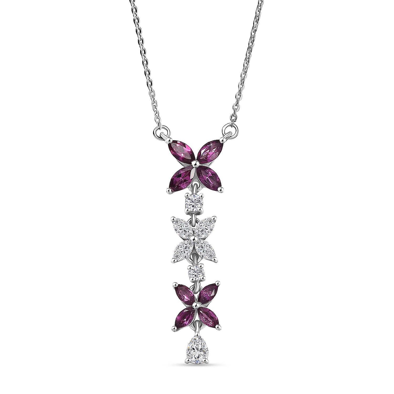 D'Joy Premium Radiant Ember Garnet and Moissanite 1.60 ctw Necklace in Rhodium Over Sterling Silver 20 Inches