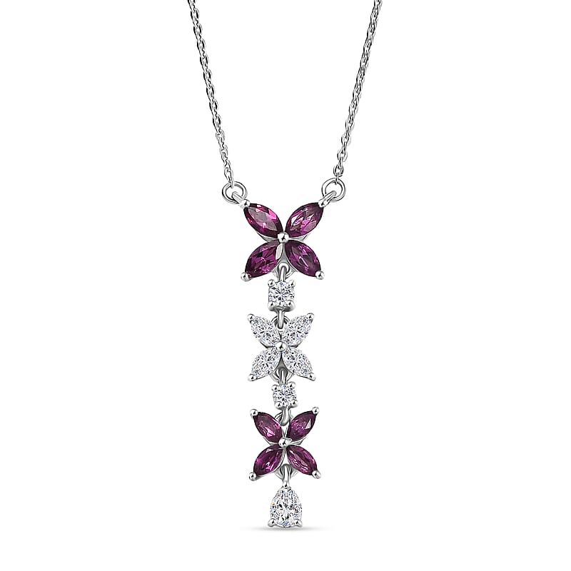 D'Joy Premium Radiant Ember Garnet and Moissanite 1.60 ctw Necklace in Rhodium Over Sterling Silver 20 Inches