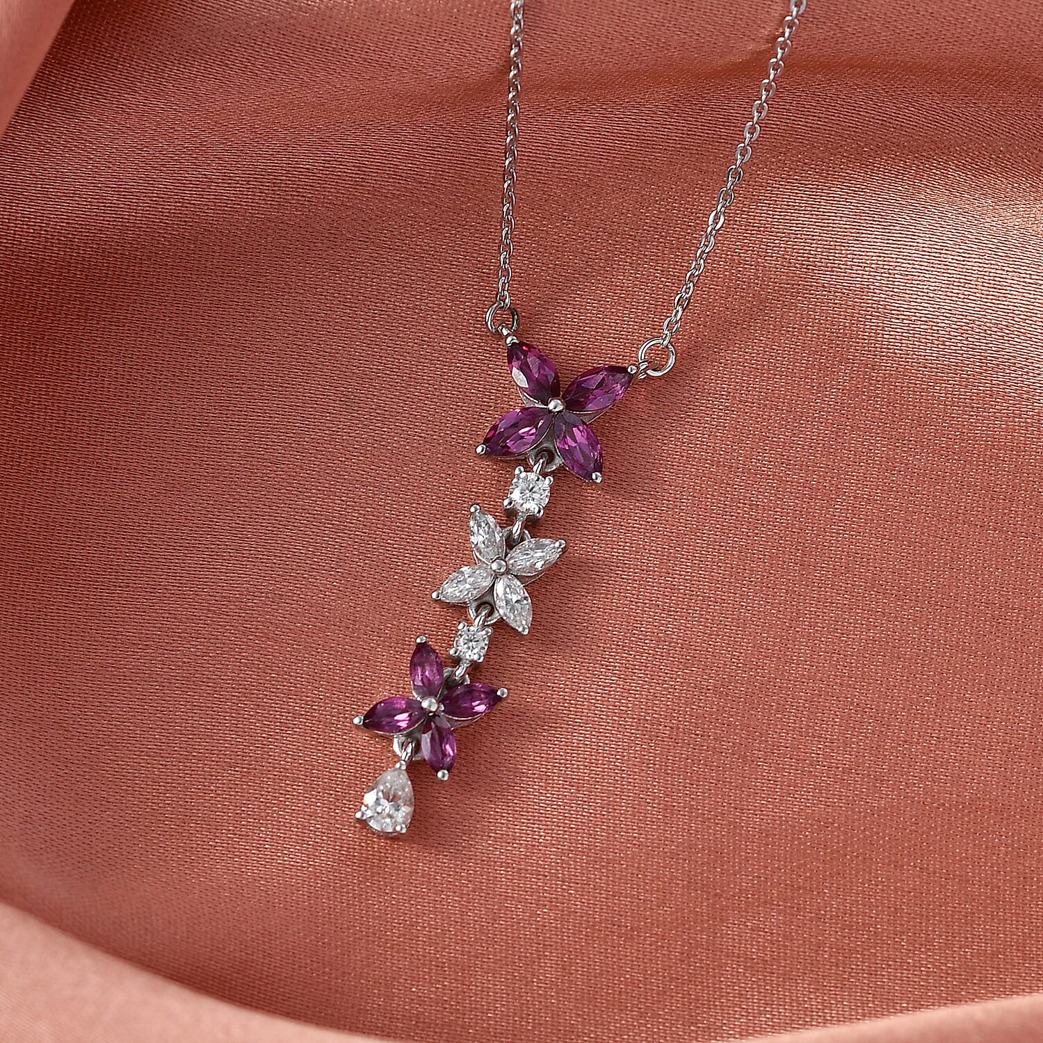 D'Joy Premium Radiant Ember Garnet and Moissanite 1.60 ctw Necklace in Rhodium Over Sterling Silver 20 Inches