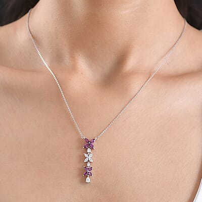 D'Joy Premium Radiant Ember Garnet and Moissanite 1.60 ctw Necklace in Rhodium Over Sterling Silver 20 Inches